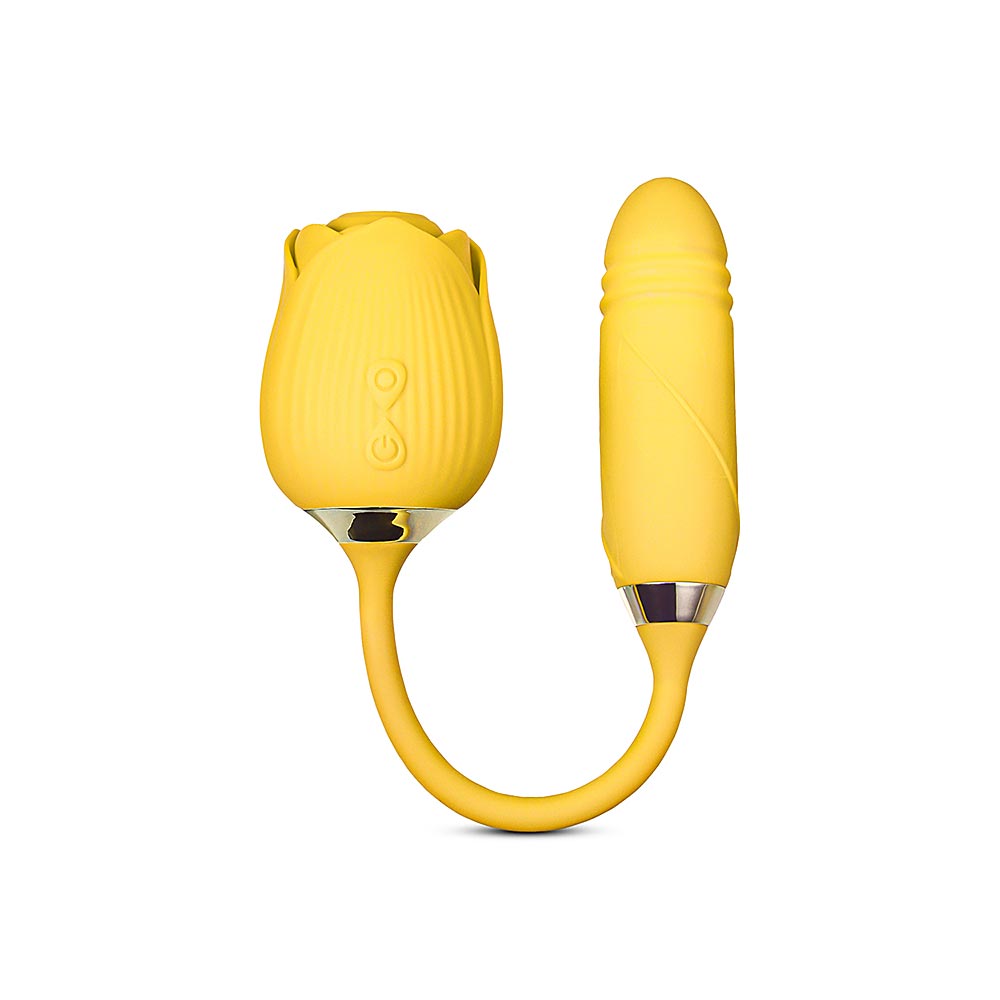 10-Speed Yellow Silicone Clitoral Sucking Rose & Thrusting Vibrator