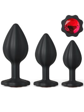 3 Piece Black Butt Plugs Set with Red Gem Base