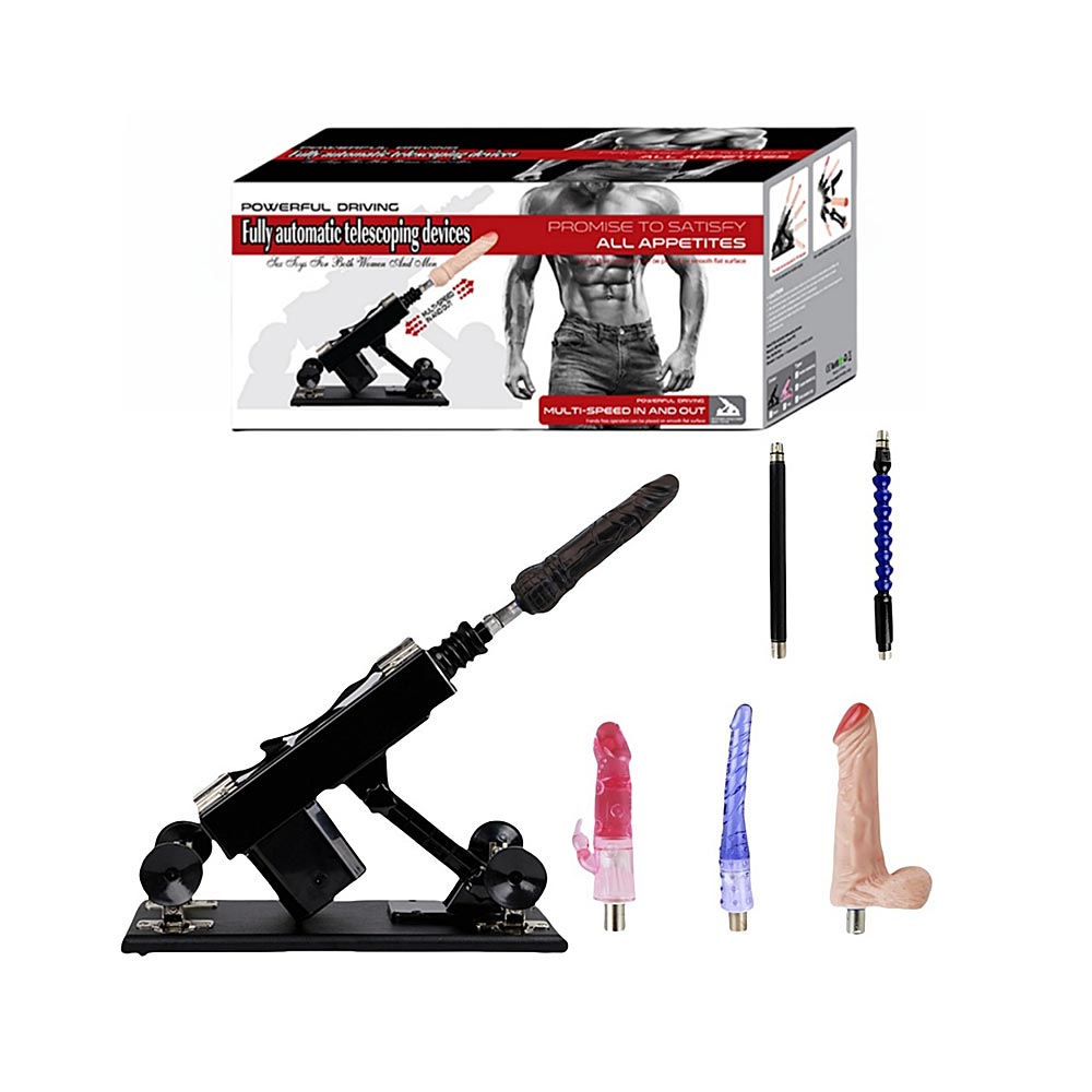 Black Adjustable Thrusting Sex Machine with 6 Attachments & Plug-In Power – 85° Angle Adjustment