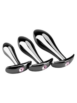 3 Sizes Iridescent Metal Anal Plug Set with Pink Gemstone